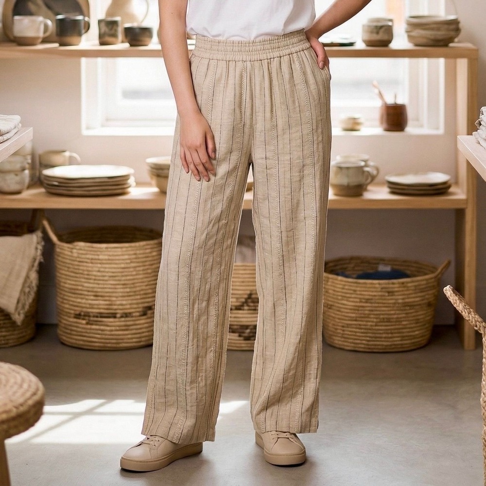 Drew Wide Leg Pants Womens Small Natural Burlap Striped Linen AL81011 NWT